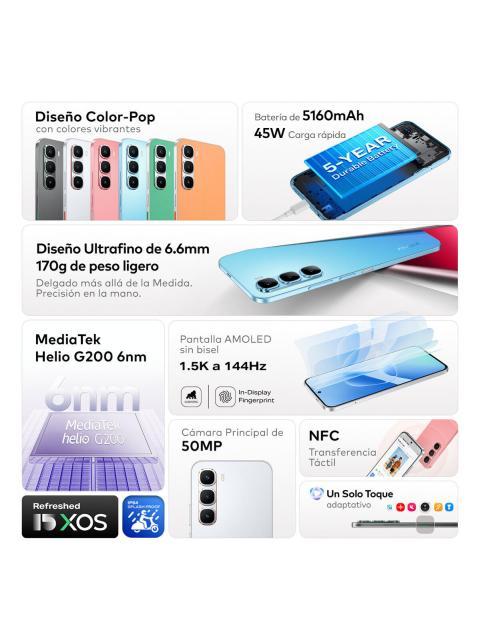 CELULAR INFINIX HOT 60 PRO AI PHONE DUAL SIM PLATEADO 8+8GB RAM 256 GB ROM 6.78 AMOLED 1.5K 144 HZ BATTERY 5160 MAH CARGA RAPIDA 45 W DISEñO ULTRAFINO DE 6.6 MM IP64