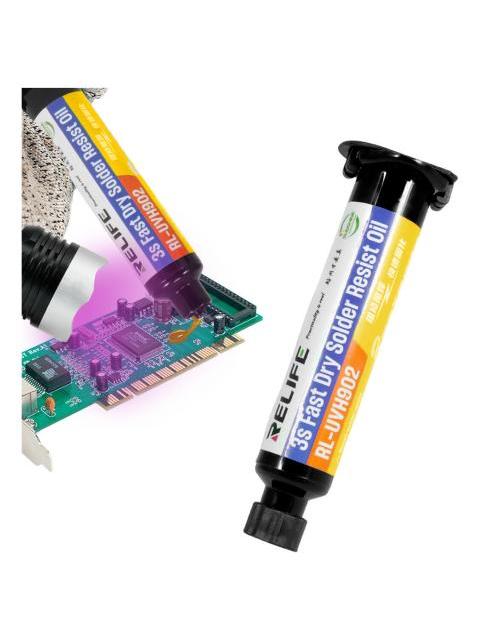MASCARA ANTISOLDANTE UV COLOR AMARILLO  COMPATIBLE CON LUZ ULTRAVIOLETA PARA REPARAR PLACAS PCB AISLANTE PRECISA Y SEGURA IDEAL PARA TECNICOS EN ELECTRONICA Y REPARACIONES FINAS